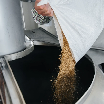 Operario vertiendo producto alimenticio seco en equipo de procesamiento agroalimentario
