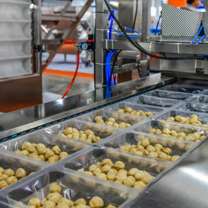 Línea de llenado de bandejas con productos alimenticios en planta de procesado