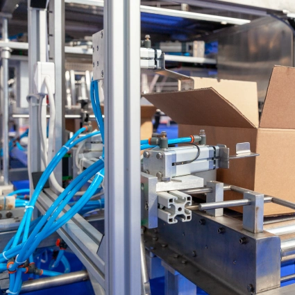 Cajas abiertas listas para ser llenadas y selladas en línea automatizada.