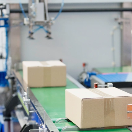 Línea de producción transportando cajas de cartón en cinta motorizada para envíos E-commerce