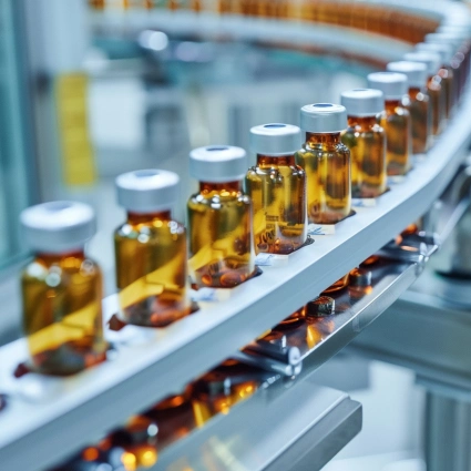 Frascos farmacéuticos con producto encapsulado moviéndose hacia la estación de cierre